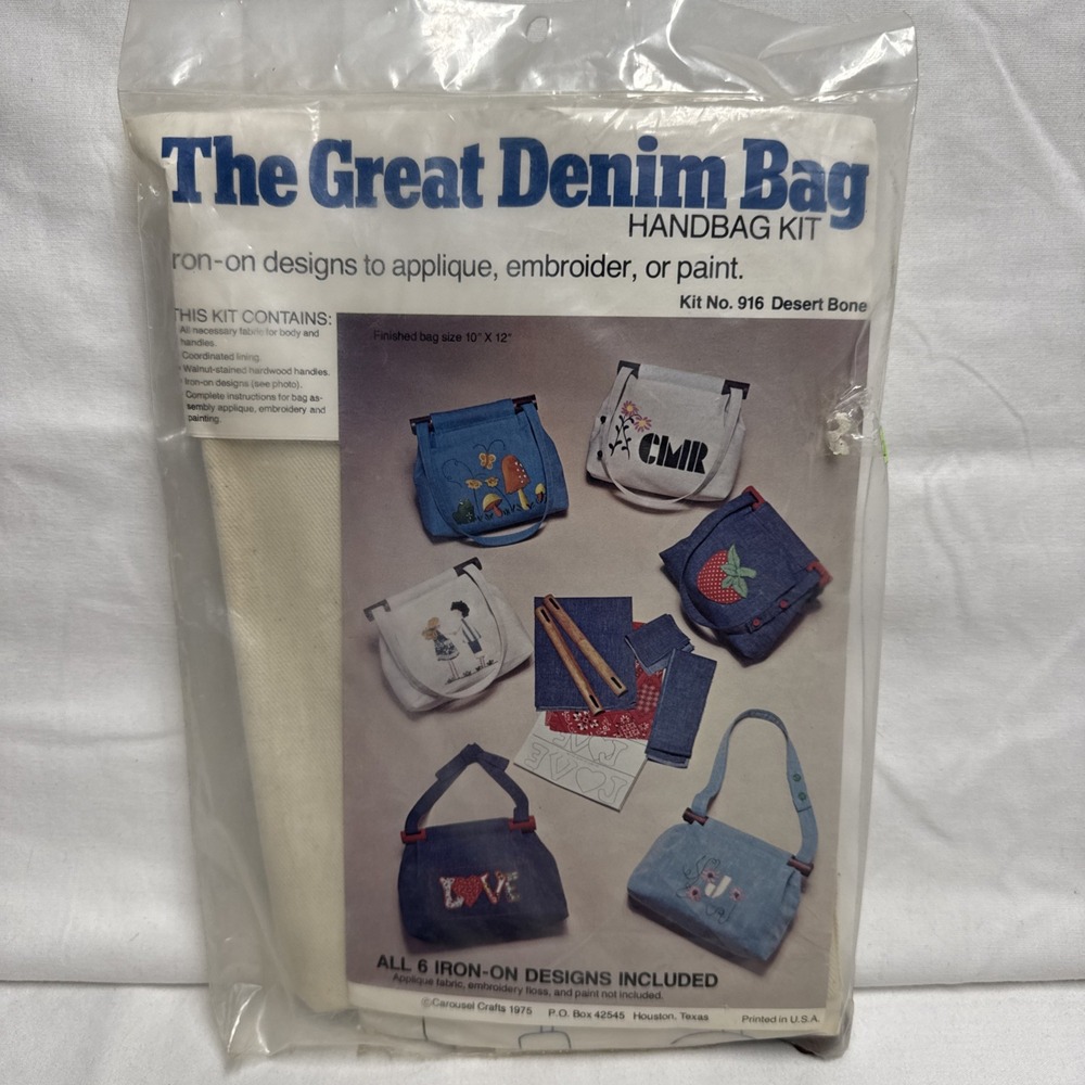 Vtg Carousel Crafts 1975 The Great Denim Handbag Kit 6 Iron On Designs 916 New